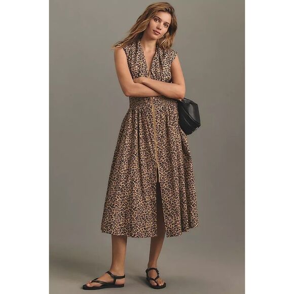 Anthropologie Maeve Tommie Cap-Sleeve Smocked Front-Zip Shirt Dress Leopard LP - Picture 1 of 6